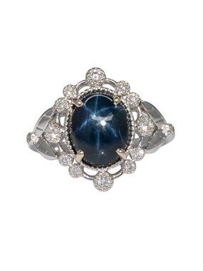 4ct Star Sapphire Statement Ring in 14K White Gold with Natural Diamond Accents